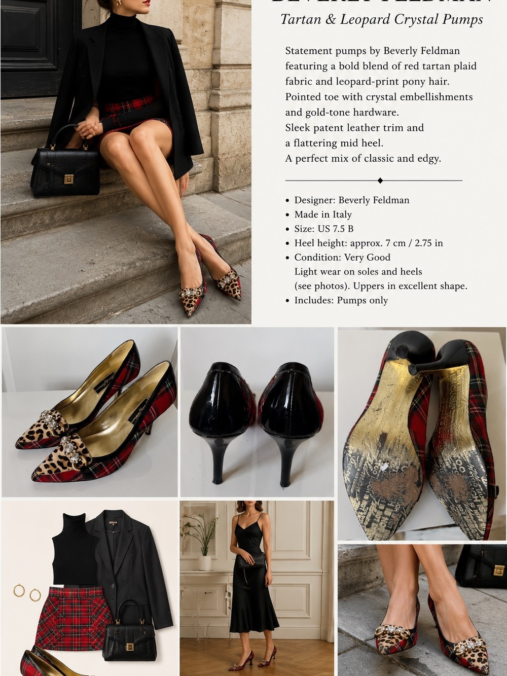 Beverly Feldman Plaid Leopard Crystal Embellished Pumps Heels Size 9M
